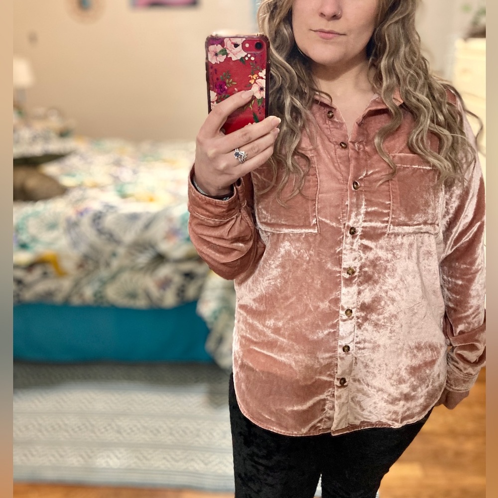 Maeve by Anthropologie Karina Blush Pink Velvet Button Up Long Sleeve NWT